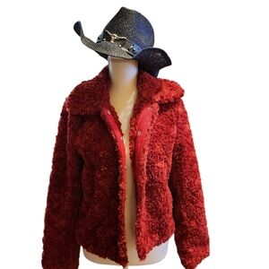 Red Ski Jacket with Plush Texture and Stand-Up Collar